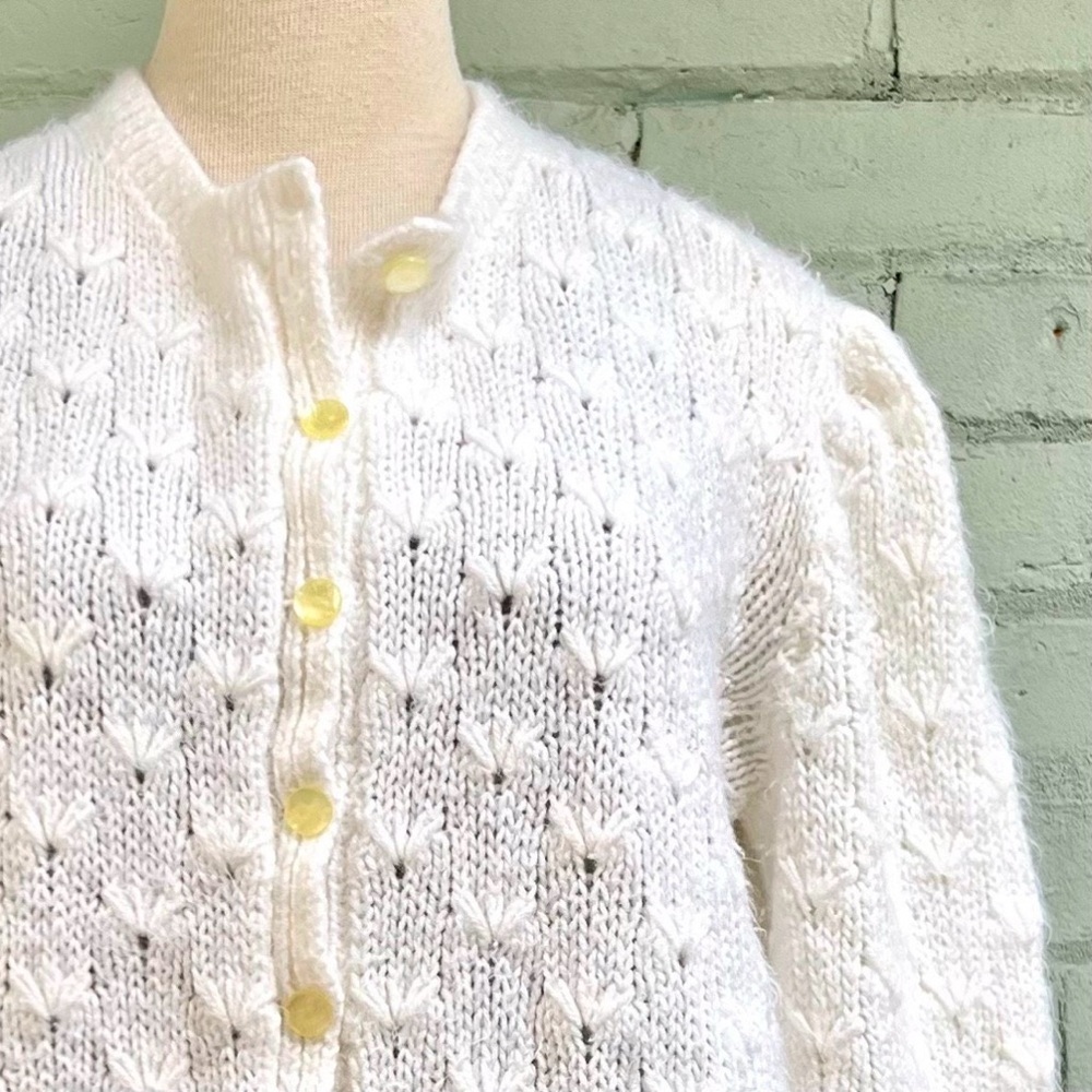 Vintage Cream Pointelle Knit Cardigan Sweater - Picture 2 of 8